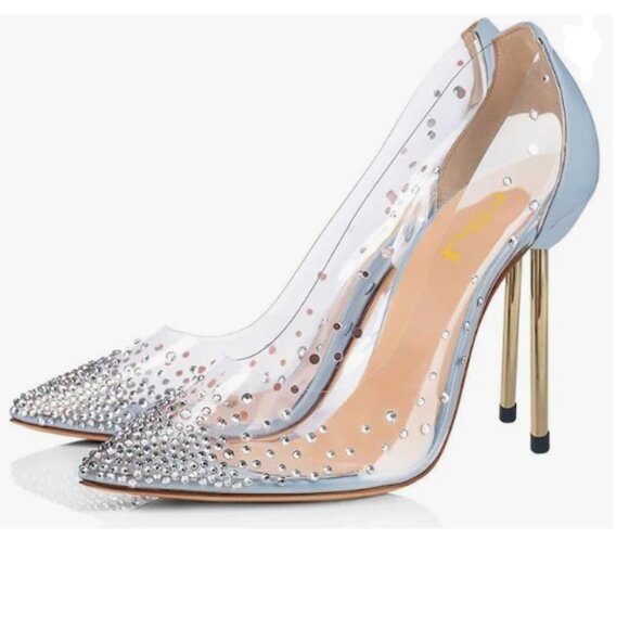 FSJ Light Blue Studded Pointed Toe Transparent Pumps High Heels Shoes - Picture 1 of 8